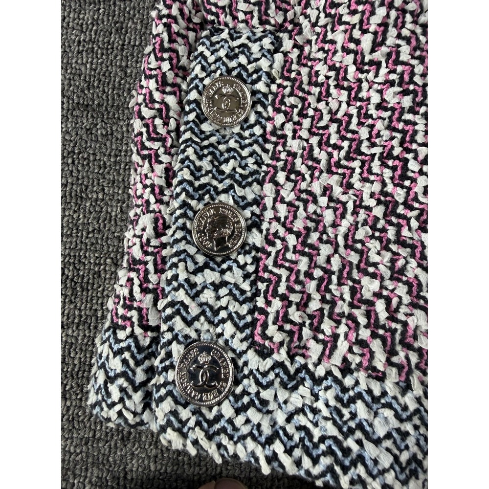 Vintage Chanel Coat Womens 38 Tweed Chain Hem Logo Buttons France 90s Authentic - Picture 10 of 16